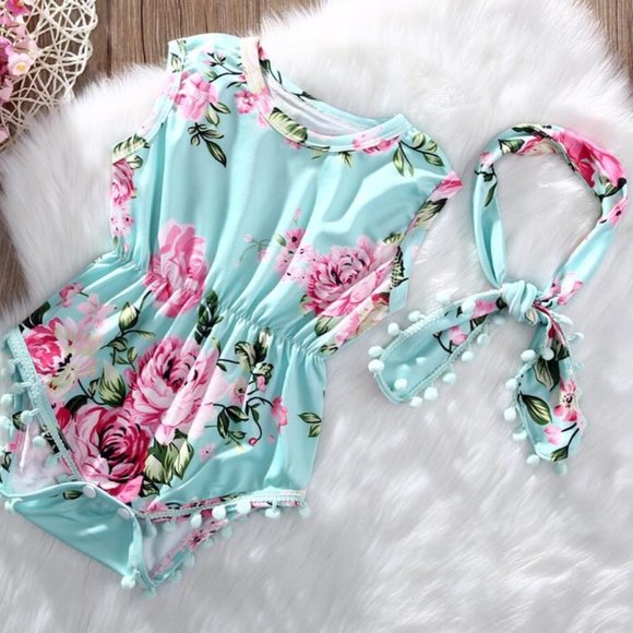 NEW Baby Girl's Mint Floral Romper with Headband - Picture 1 of 3